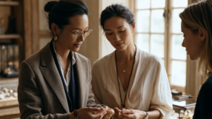 Sales associate explaining meaning behind jewellery