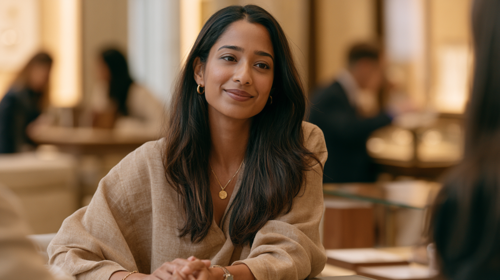 A professional jewellery sales associate sharing her knowledge