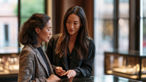 Jewelry sales associates discussing value