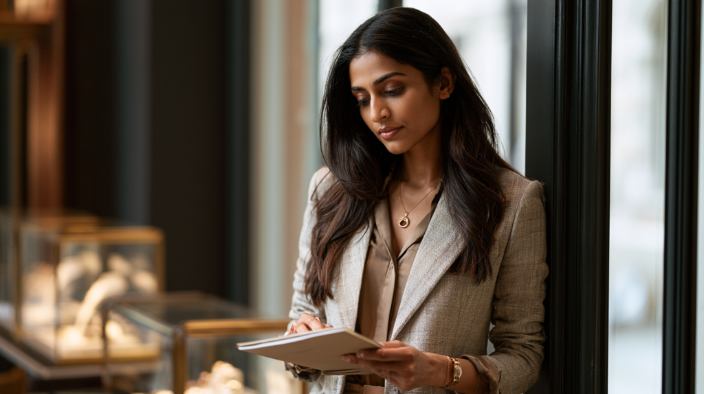 A jewellery sales associate reviews her goals