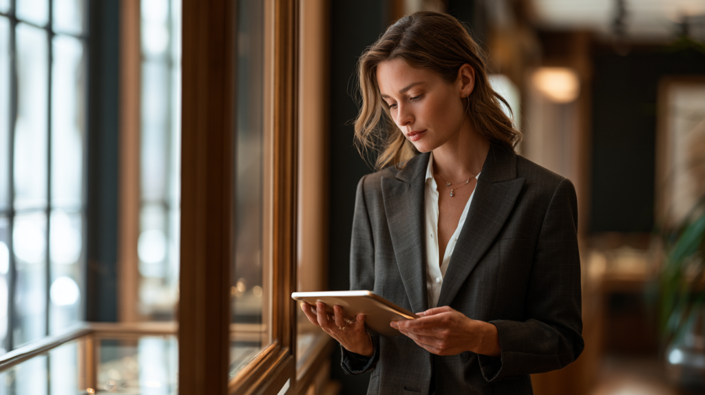 A jewellery sales associate maintaining contact