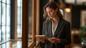 A jewellery sales associate maintaining contact
