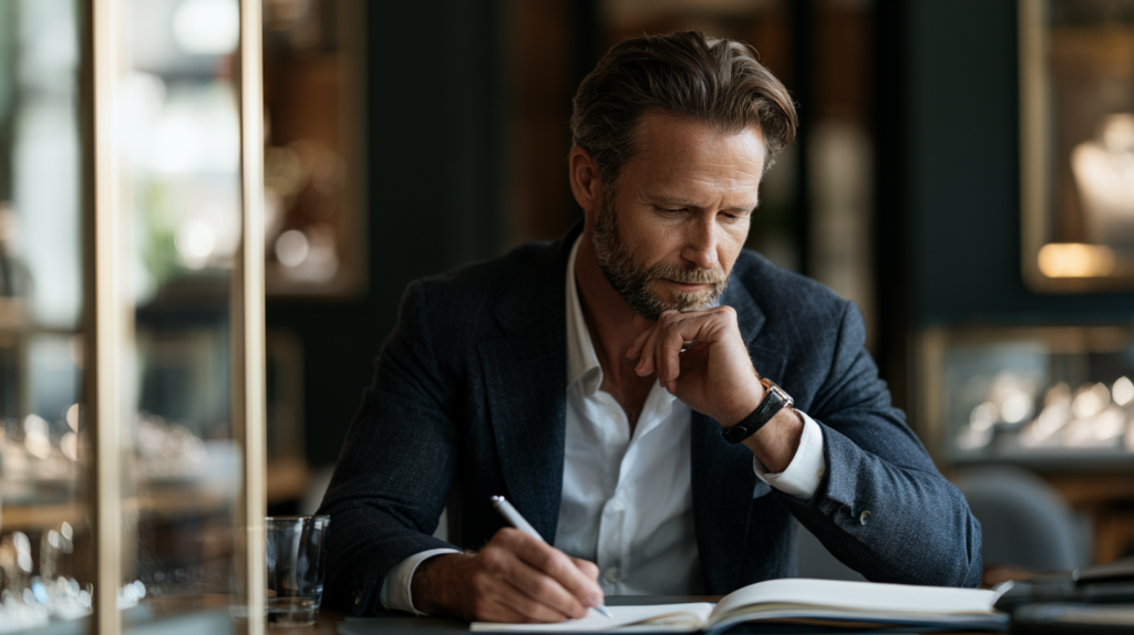 A sales associate reflecting on personal performance