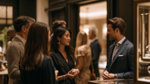 A group of luxury jewellery sales associates planning their business