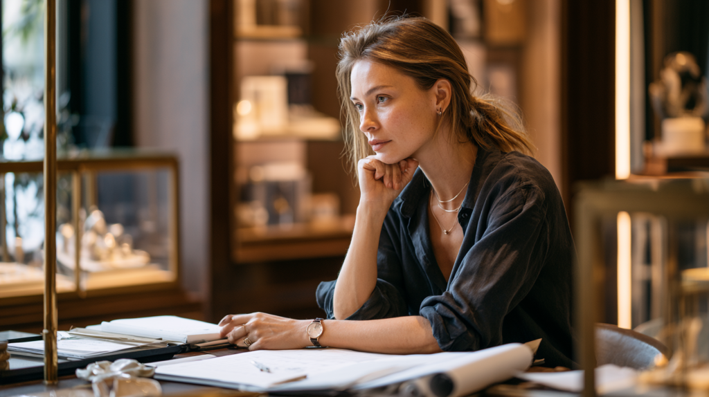 A luxury jewellery sales associate organizing her business