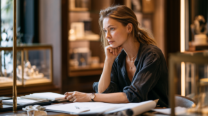 A luxury jewellery sales associate organizing her business