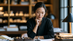 A luxury sales associate working on her business plan