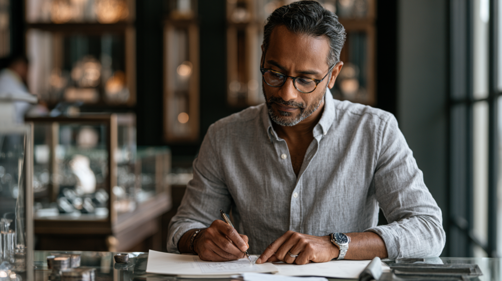 A luxury sales associate working on strategy
