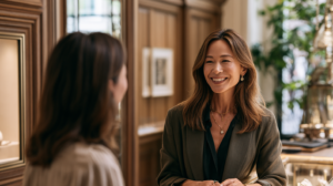 A luxury jewellery sales associate chatting with her customer