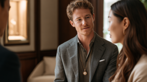 A luxury jewellery sales associate learning the story behind a purchase
