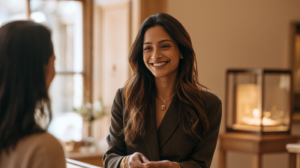 A luxury jewellery sales associate communicating clearly with her customer