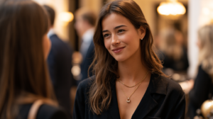 A luxury sales associate summarising her business to a customer