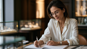 A luxury sales jewellery associate writing a thank you note