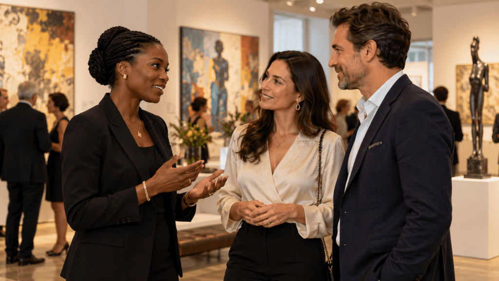 Jewellery professional meeting prospective customers at an art gallery reception