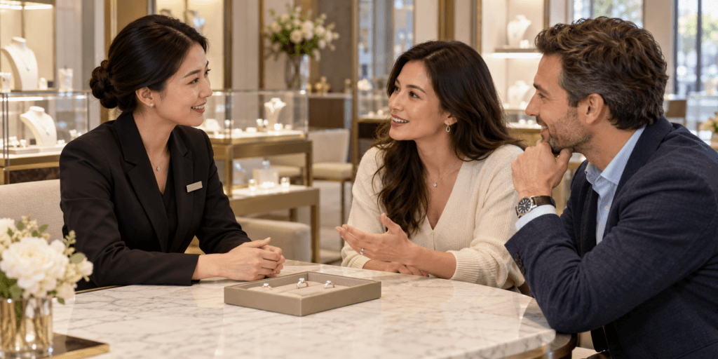 Jewellery sales associate listening to a couple during a consultation