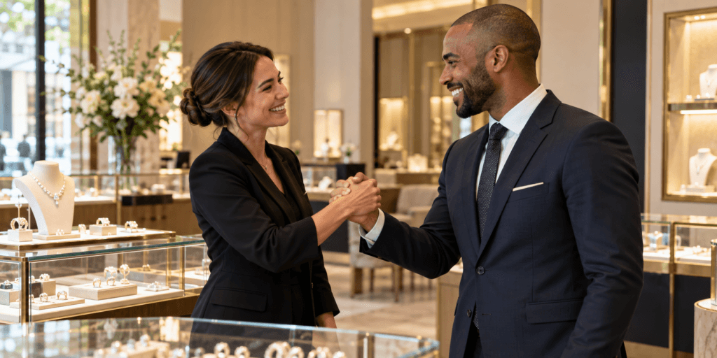 Two jewellery sales professionals congratulating each other in a jewellery store.