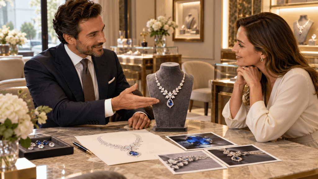 Jewellery specialist presenting a necklace to a customer using design sketches and gemstone photographs